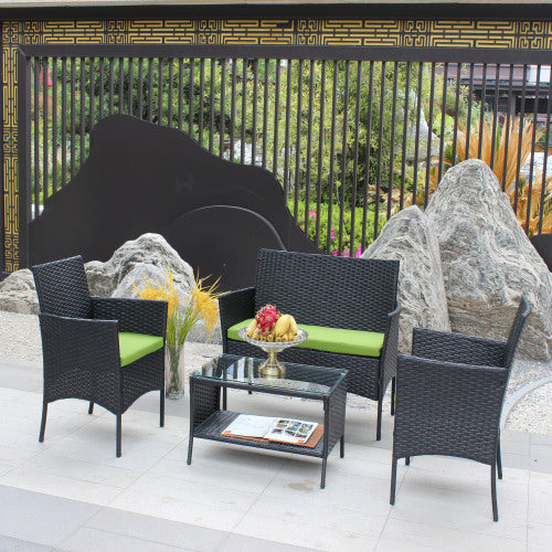 4 PC Rattan Patio Furniture Set Outdoor Patio Cushioned Seat Wicker Sofa Green Cushion