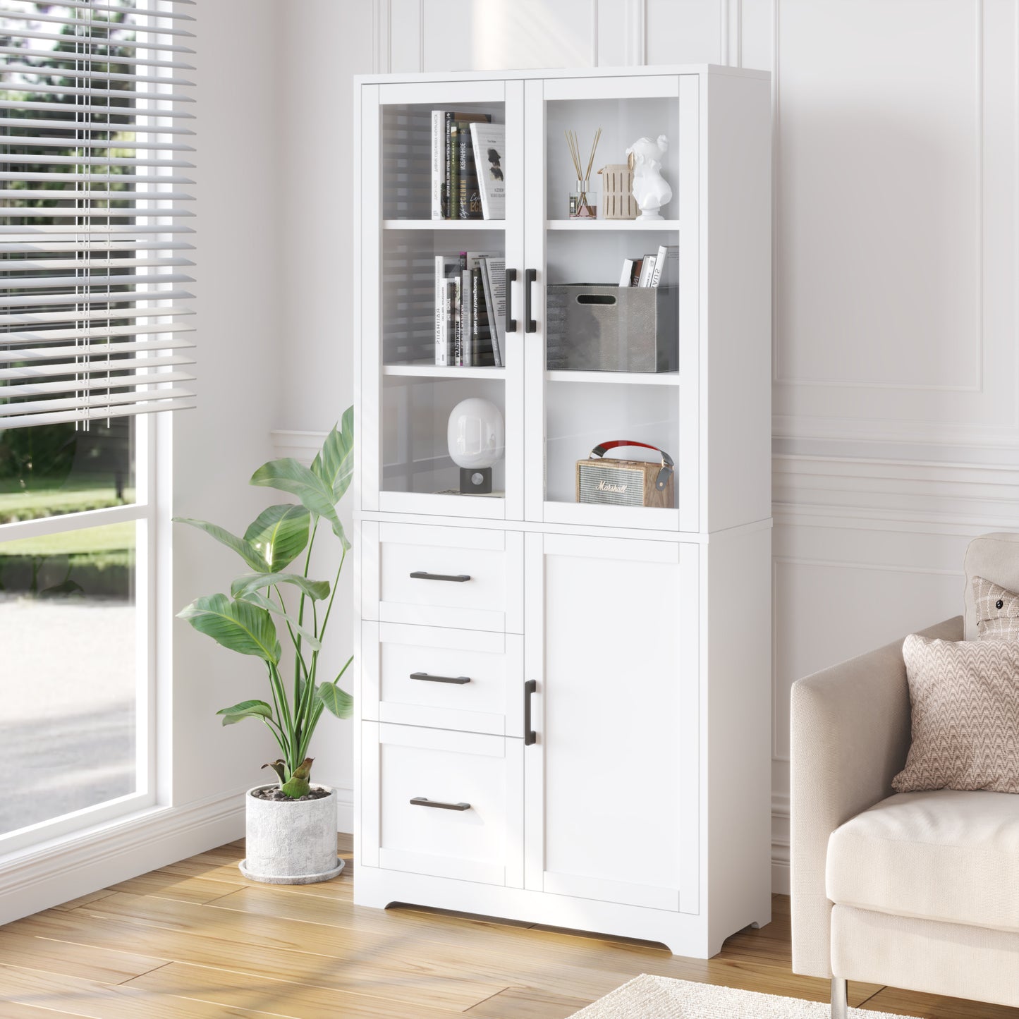 White Display Cabinet – 3 Doors, 3 Drawers, 5-Tier Shelving