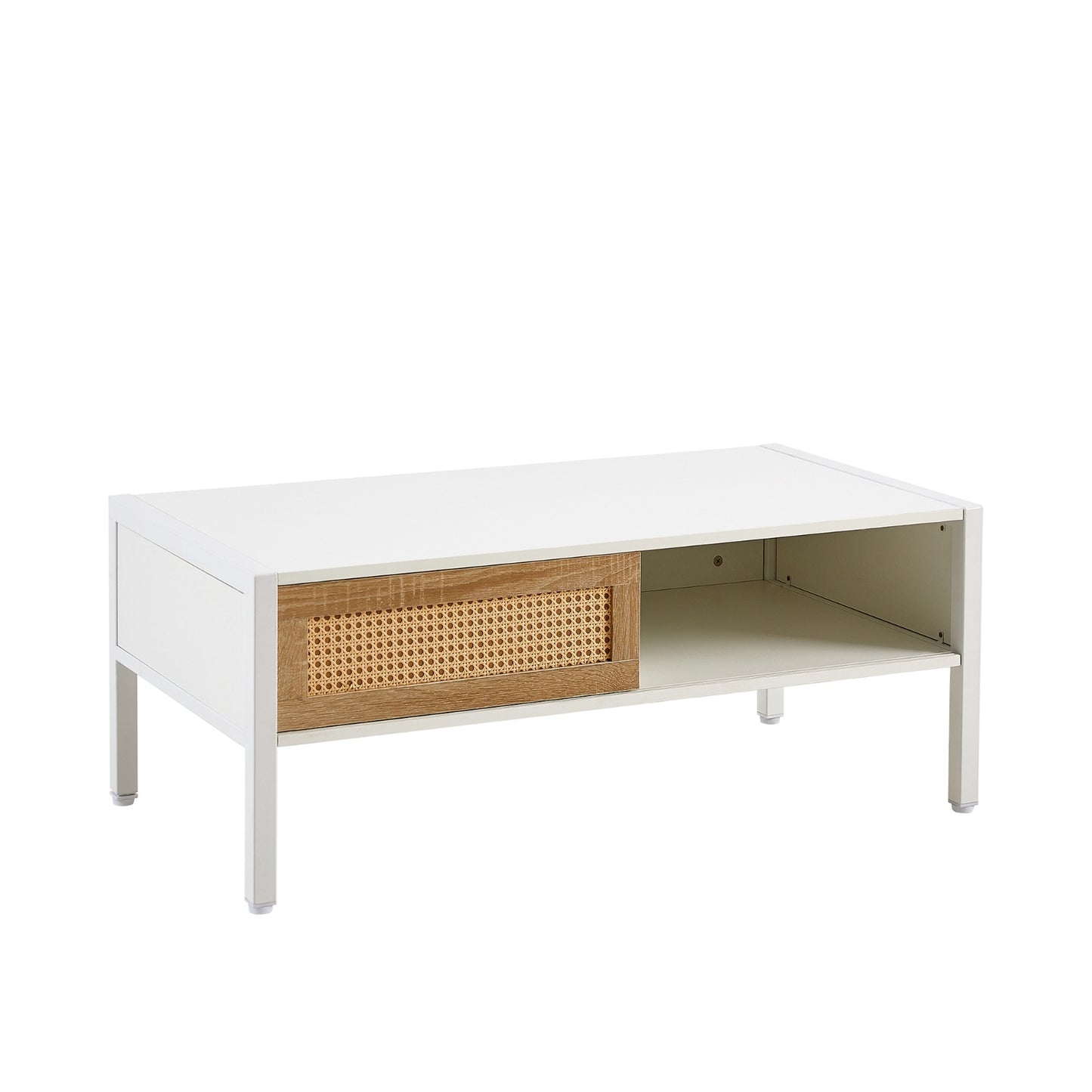 Rattan Coffee Table with Sliding Door and Metal Legs