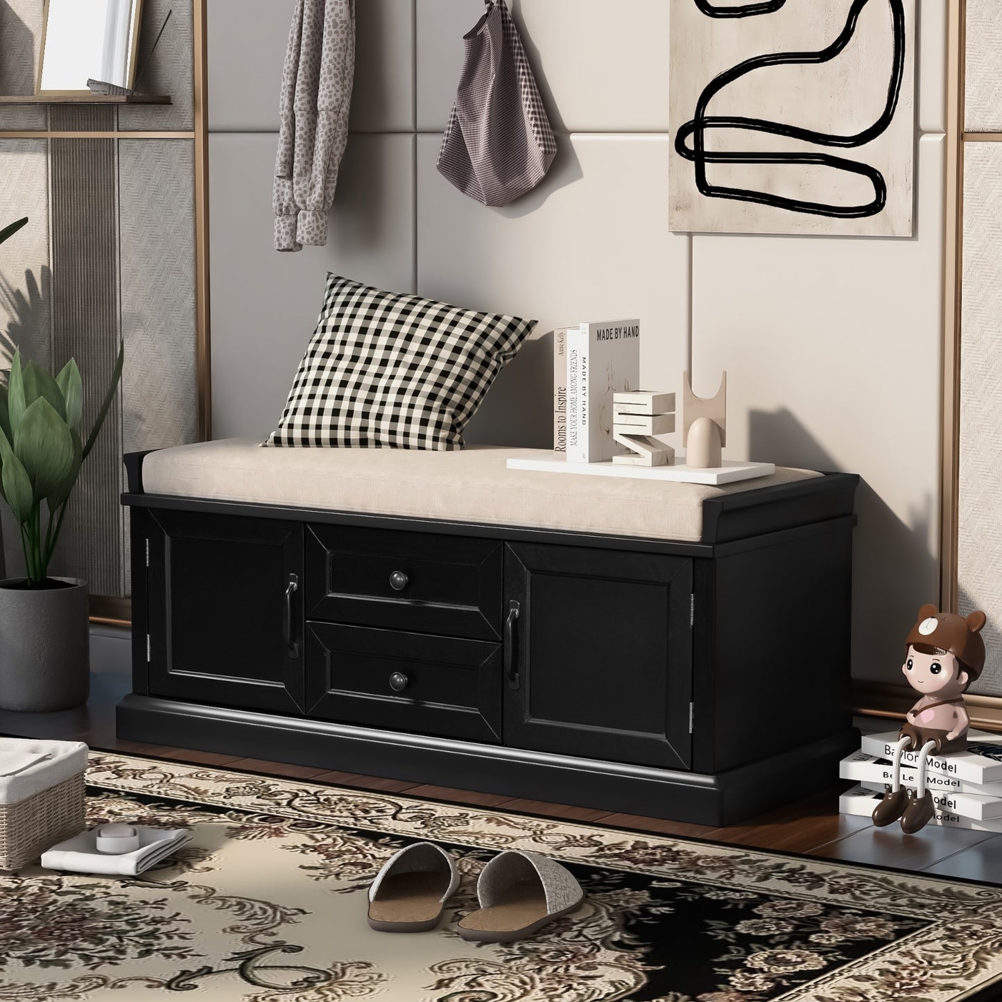 TREXM Storage Bench – Drawers, Cabinets & Removable Cushion for Living Room