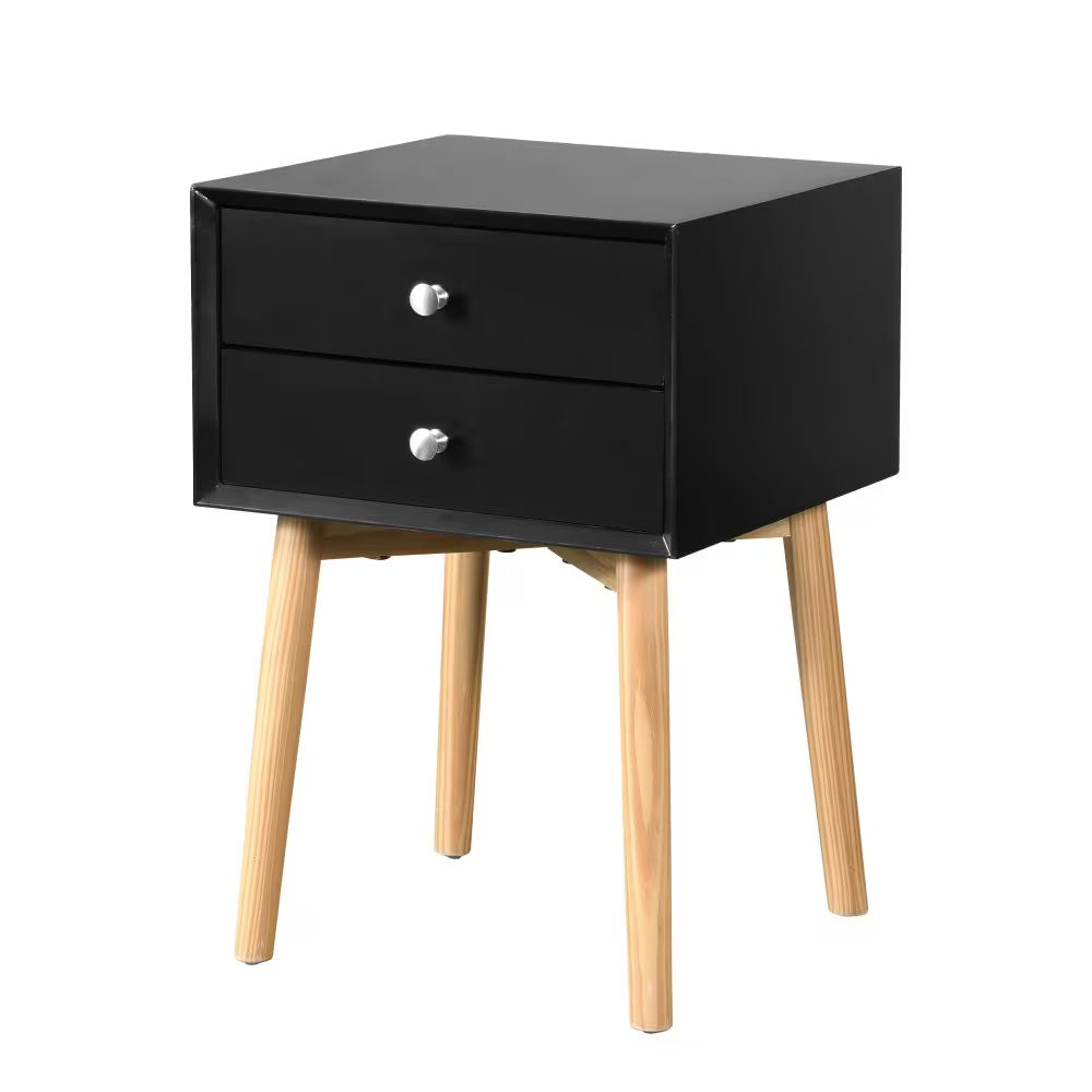 Mid-Century Side Table with 2 Drawers and Rubber Wood Legs