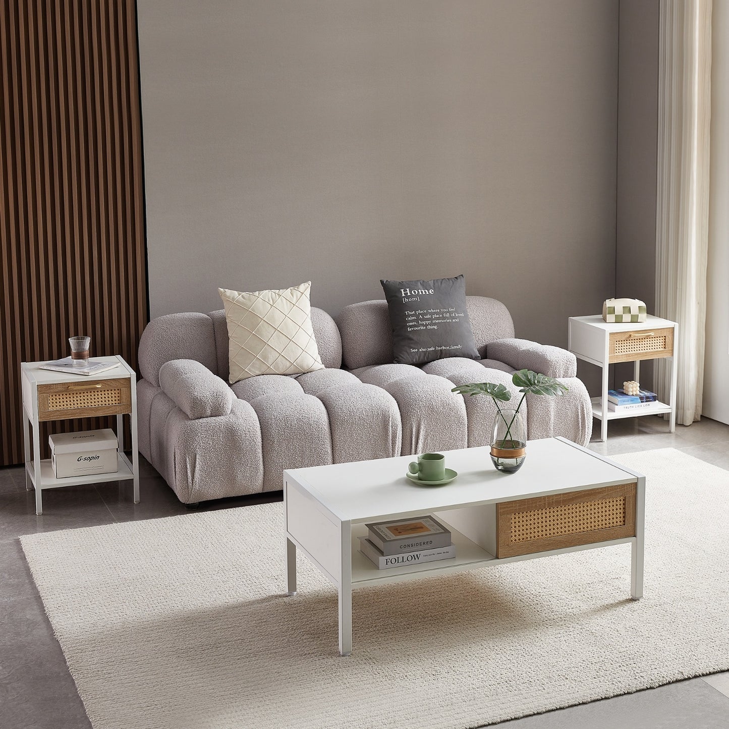 Rattan Coffee Table with Sliding Door and Metal Legs