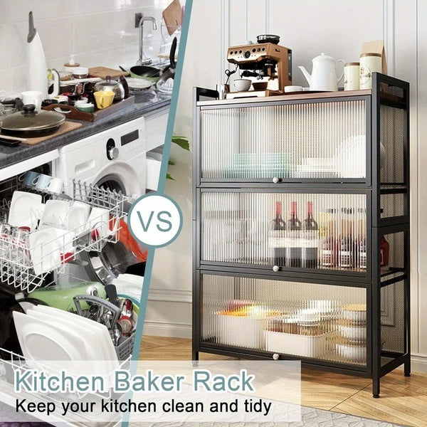 Kitchen Baker’s Rack – 4-Tier Microwave Stand & Storage Cabinet with Lockable Casters