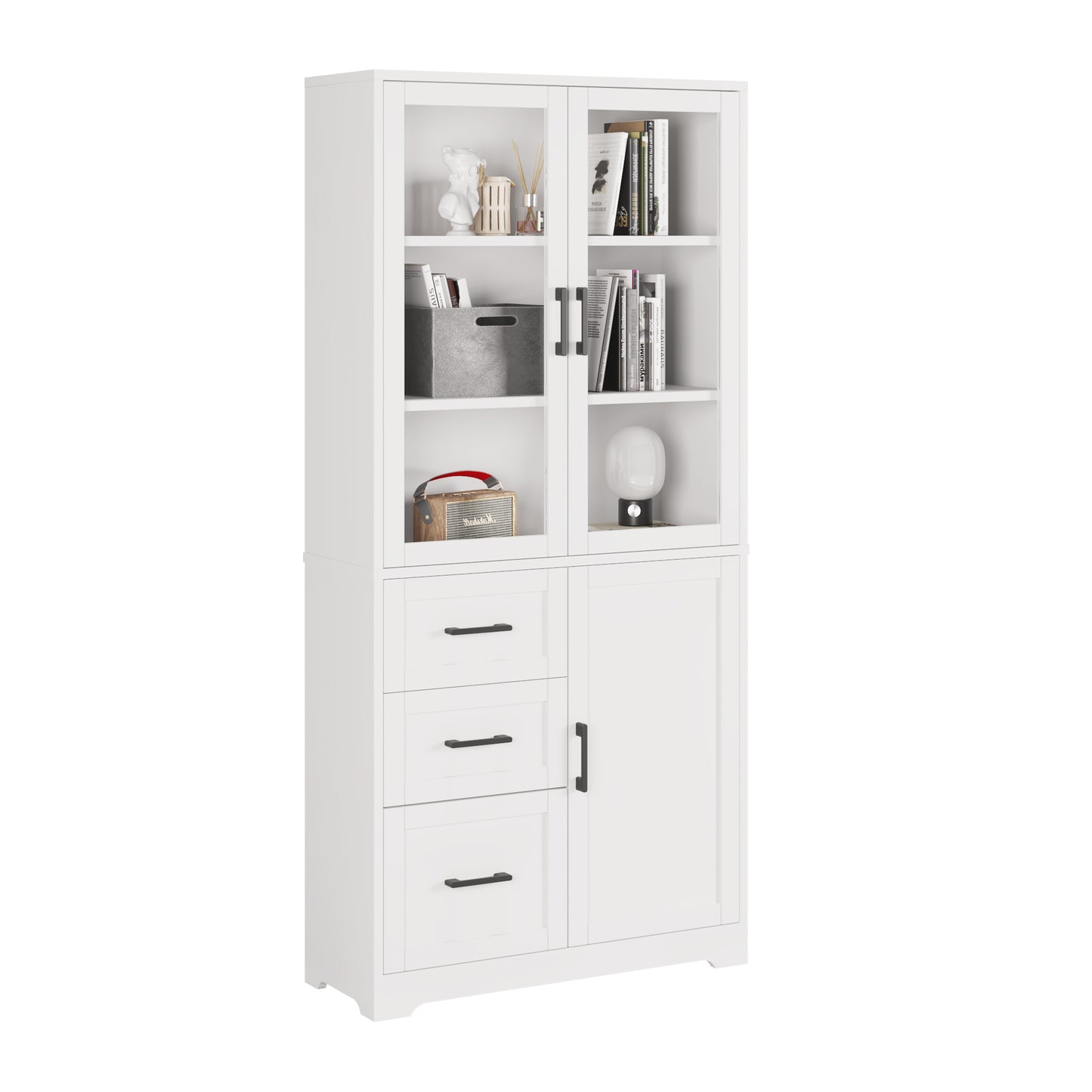 White Display Cabinet – 3 Doors, 3 Drawers, 5-Tier Shelving