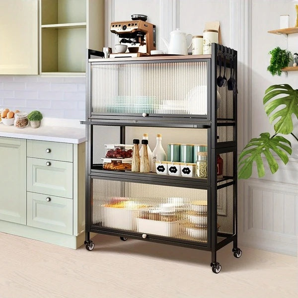 Kitchen Baker’s Rack – 4-Tier Microwave Stand & Storage Cabinet with Lockable Casters