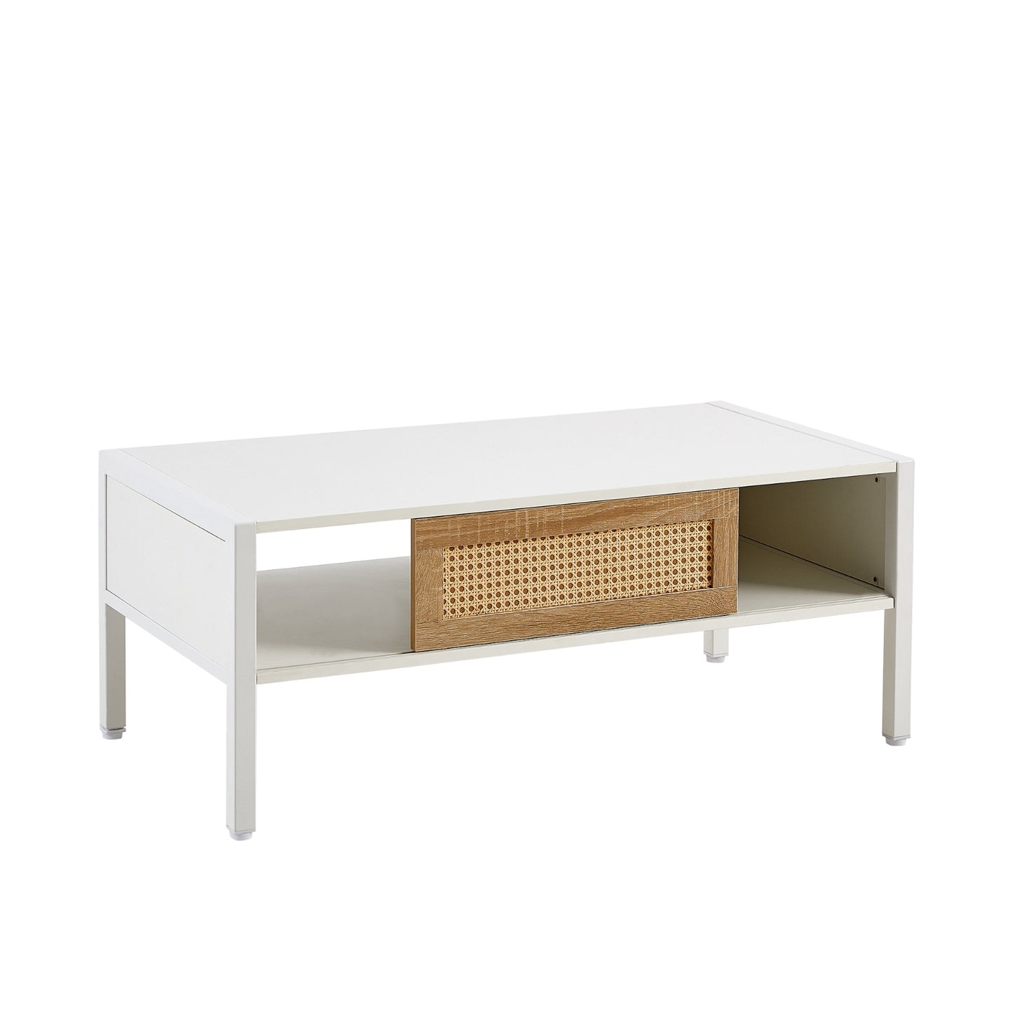 Rattan Coffee Table with Sliding Door and Metal Legs