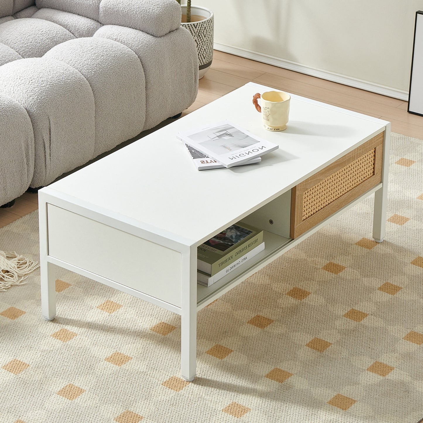 Rattan Coffee Table with Sliding Door and Metal Legs