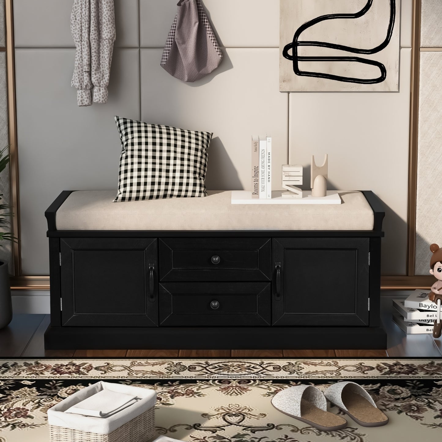 TREXM Storage Bench – Drawers, Cabinets & Removable Cushion for Living Room