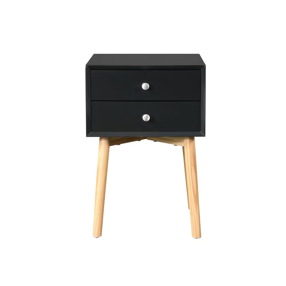 Mid-Century Side Table with 2 Drawers and Rubber Wood Legs
