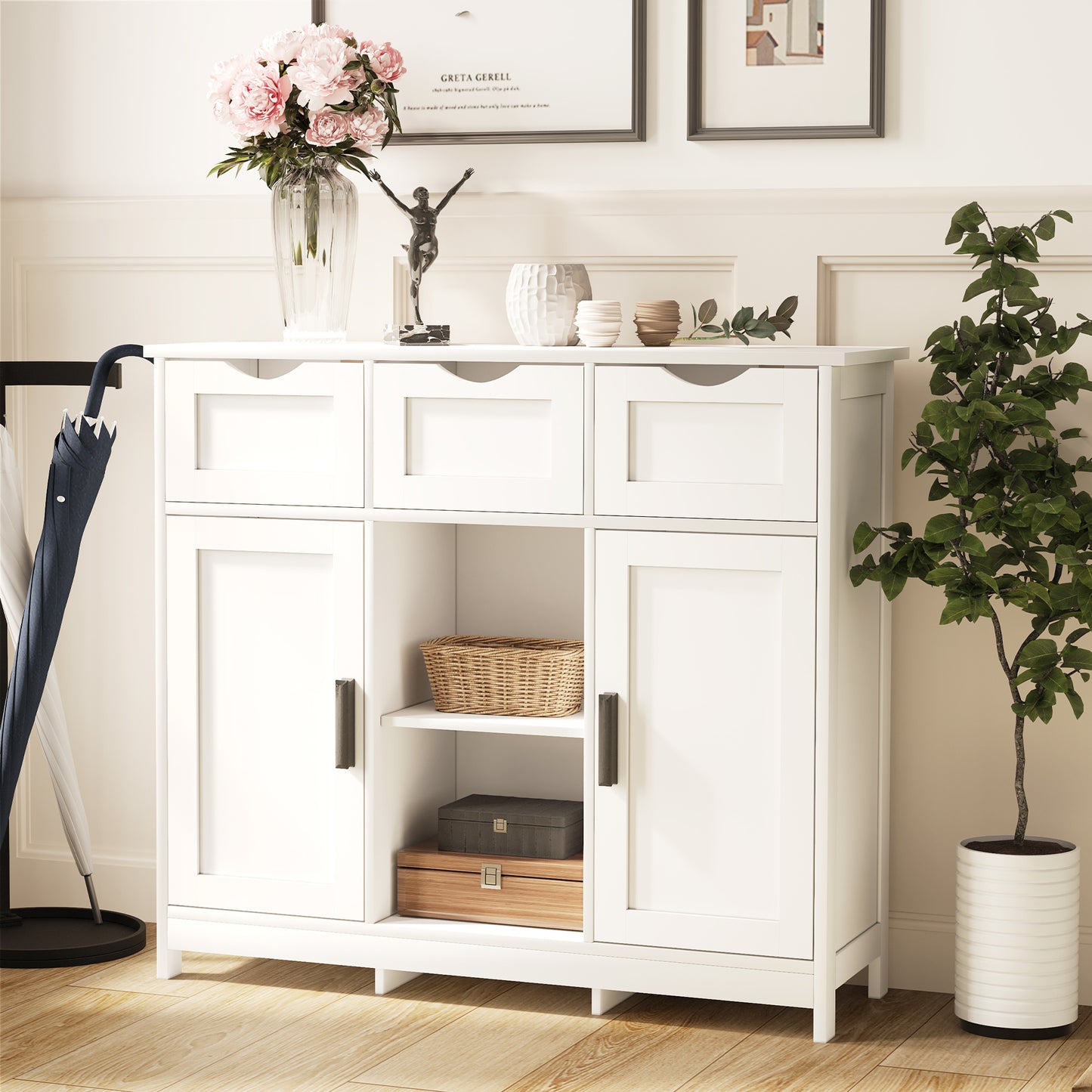 White Accent Cabinet – With Drawers & Doors for Home Storage & Decor