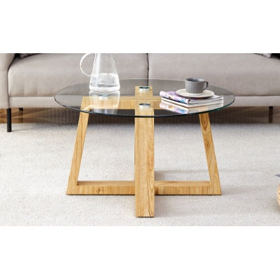 Modern Circular Coffee Table with Glass Top & Wood MDF Base