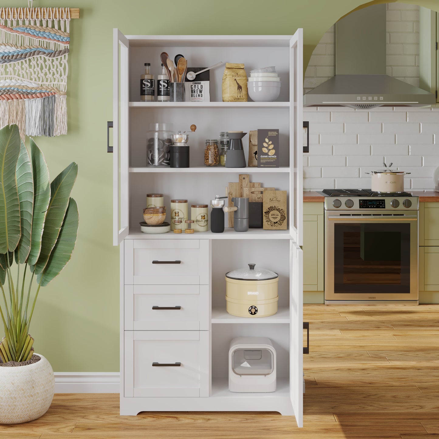 White Display Cabinet – 3 Doors, 3 Drawers, 5-Tier Shelving