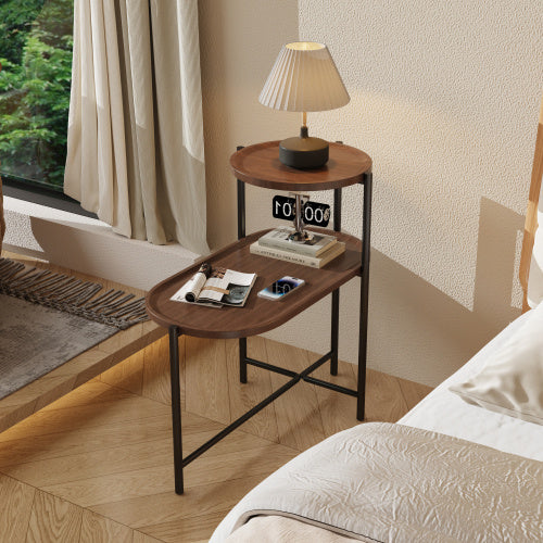 Round Coffee Table with 2-Tier Storage Tray - Brown