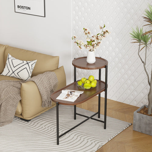 Round Coffee Table with 2-Tier Storage Tray - Brown