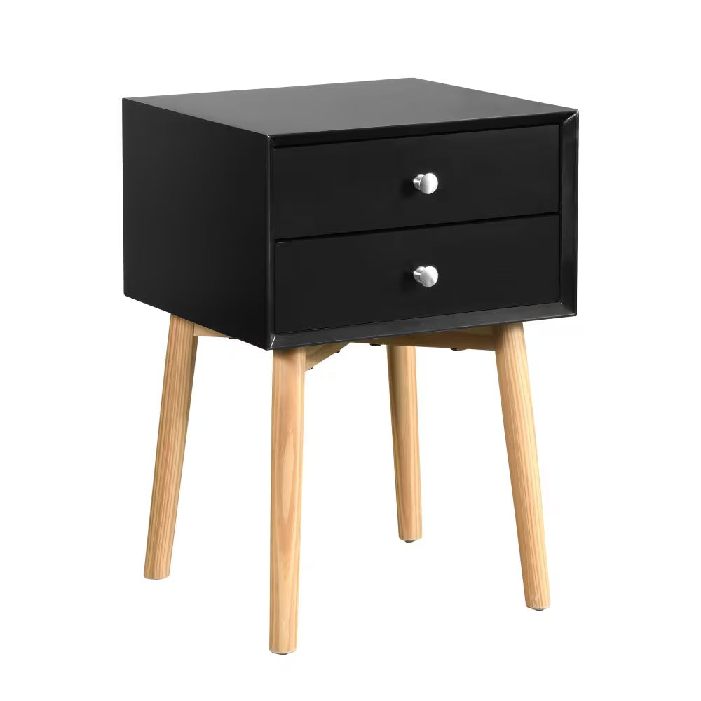 Mid-Century Side Table with 2 Drawers and Rubber Wood Legs