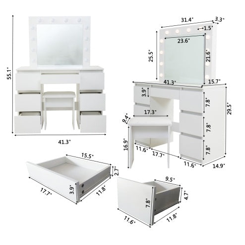 Large White Vanity Table – With Mirror & Lighted Frame