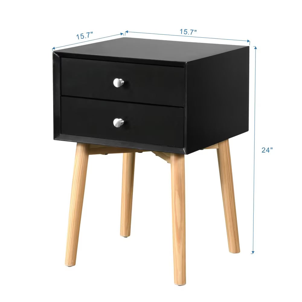 Mid-Century Side Table with 2 Drawers and Rubber Wood Legs