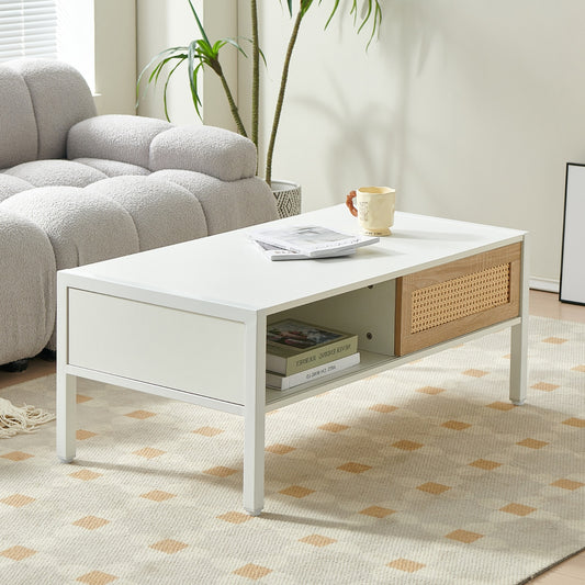 Rattan Coffee Table with Sliding Door and Metal Legs
