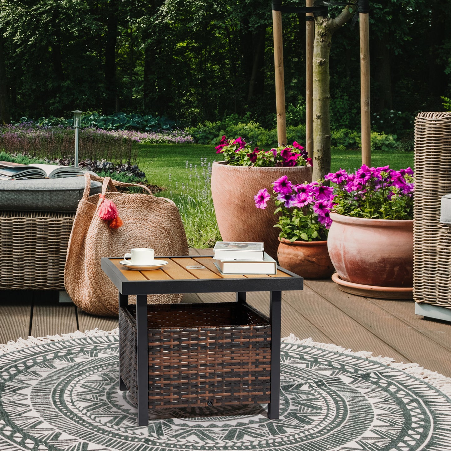 Yellow Plastic-Wood Coffee Table - Gradient Rattan Edge Design