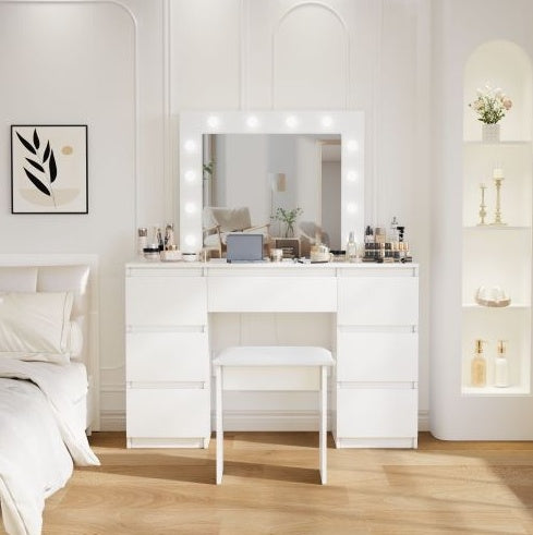 Large White Vanity Table – With Mirror & Lighted Frame