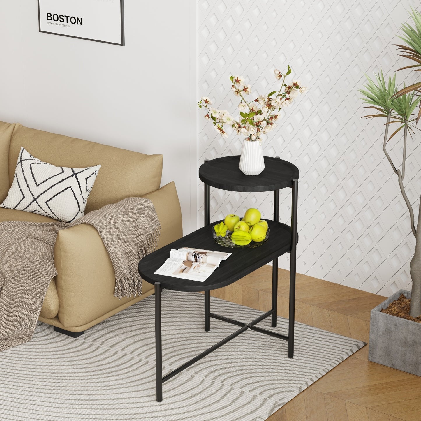 Round Coffee Table with 2-Tier Storage Tray - Black