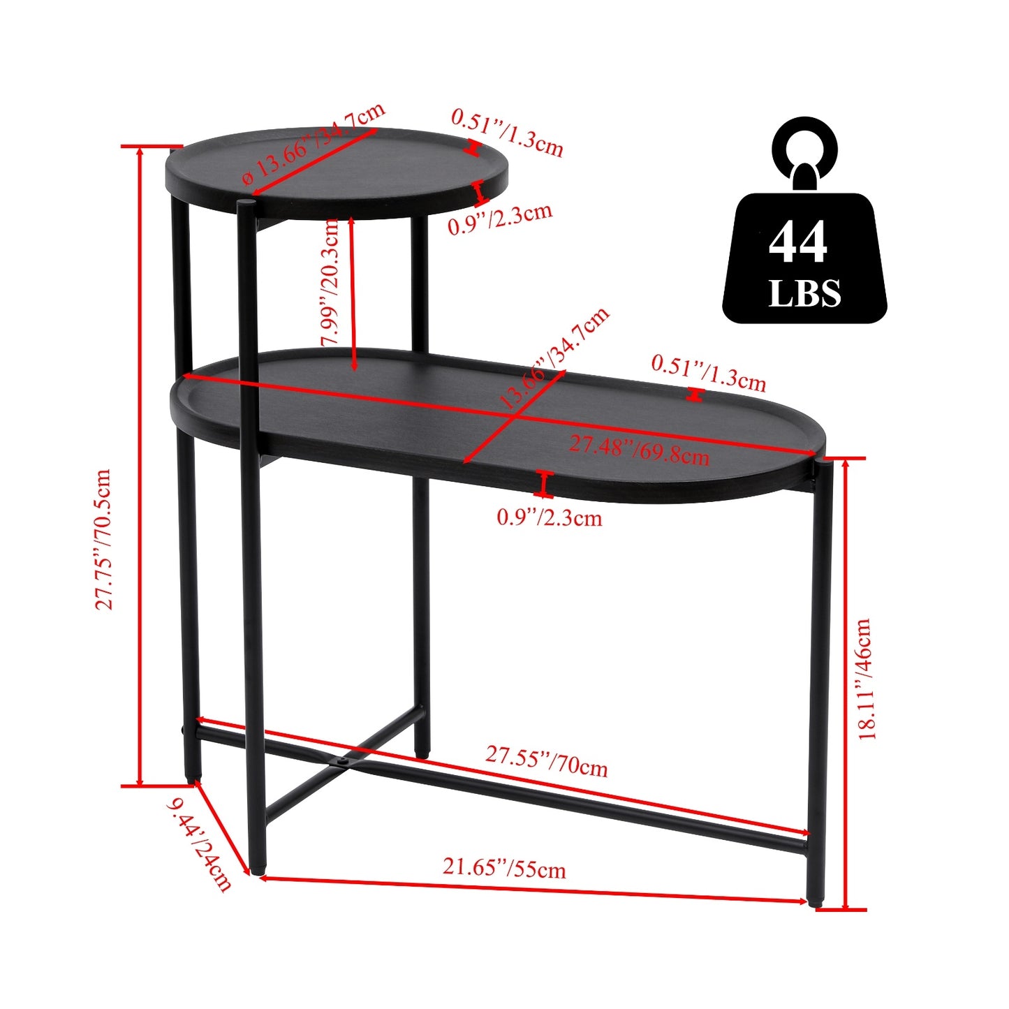 Round Coffee Table with 2-Tier Storage Tray - Black