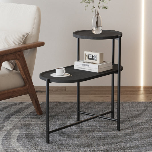 Round Coffee Table with 2-Tier Storage Tray - Black