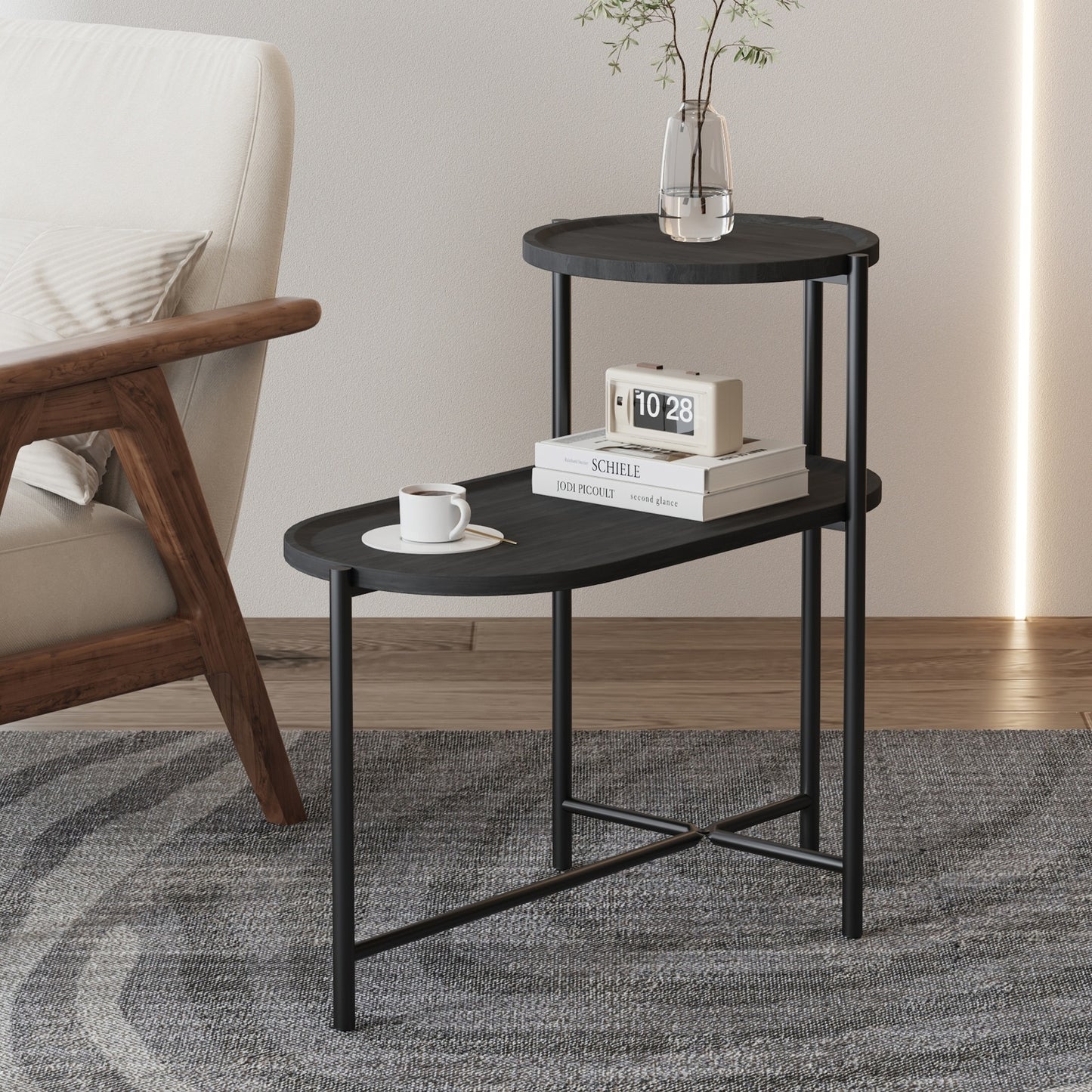 Round Coffee Table with 2-Tier Storage Tray - Black