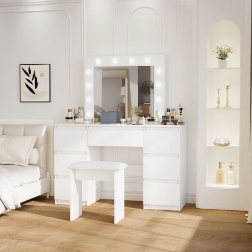 Large White Vanity Table – With Mirror & Lighted Frame