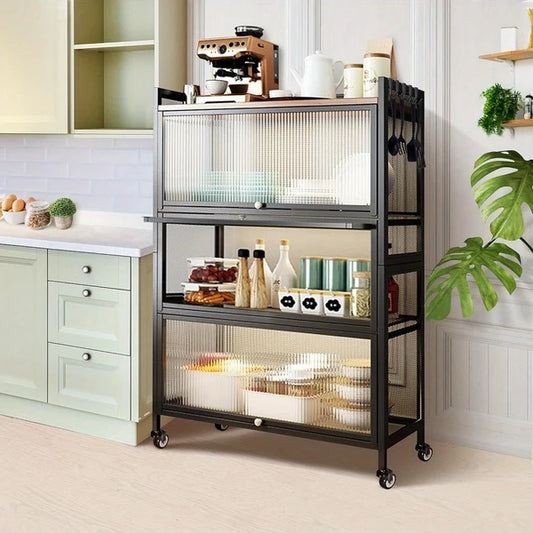 Kitchen Baker’s Rack – 4-Tier Microwave Stand & Storage Cabinet with Lockable Casters