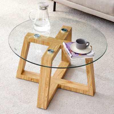 Modern Circular Coffee Table with Glass Top & Wood MDF Base