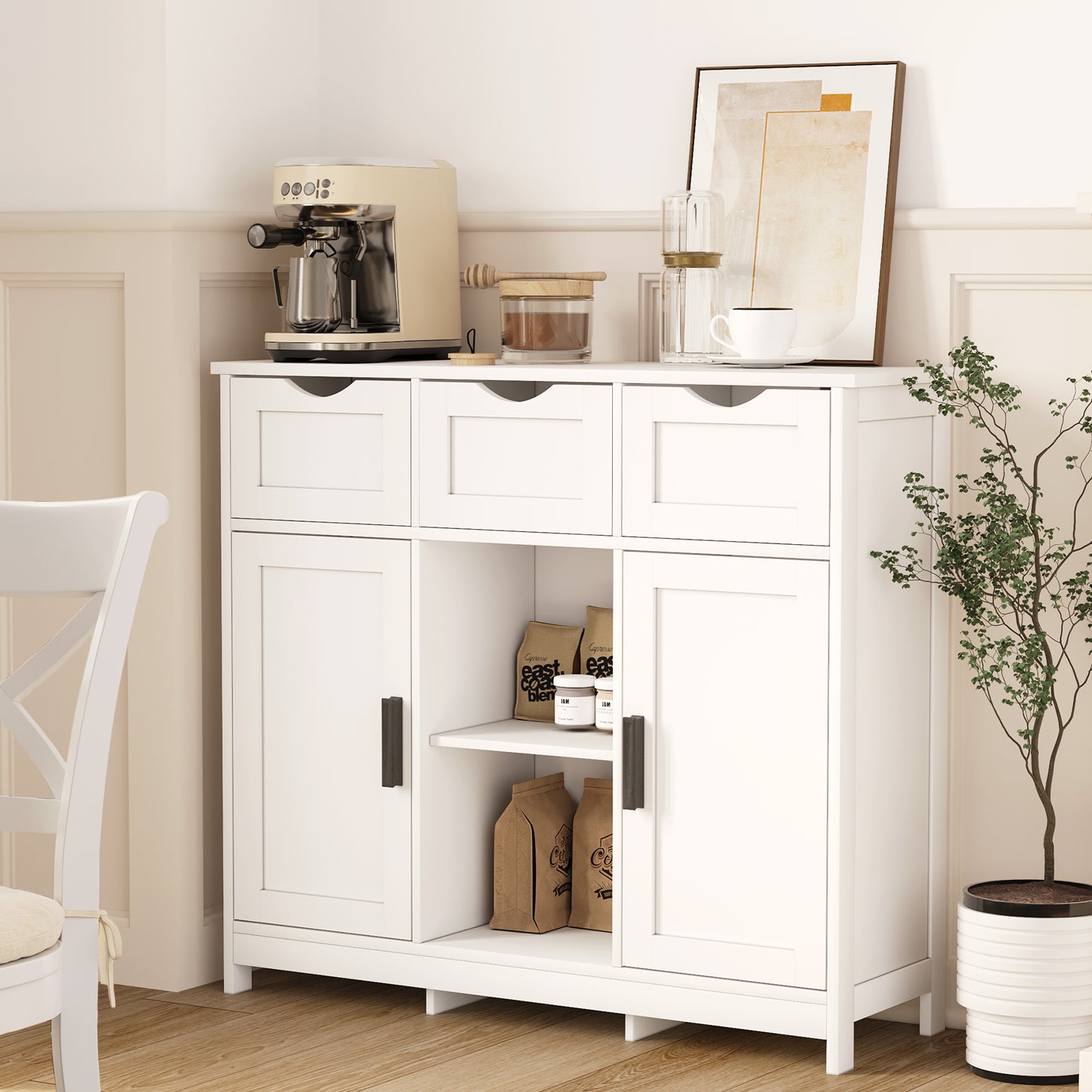 White Accent Cabinet – With Drawers & Doors for Home Storage & Decor