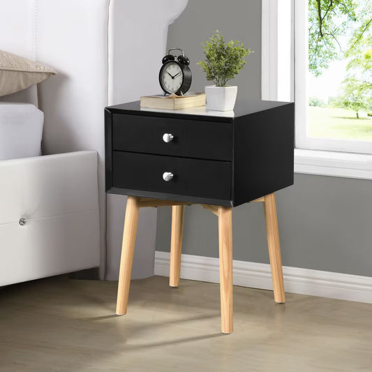 Mid-Century Side Table with 2 Drawers and Rubber Wood Legs