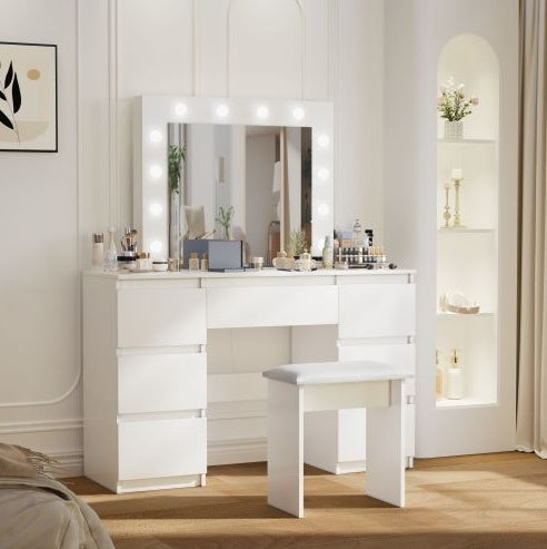 Large White Vanity Table – With Mirror & Lighted Frame