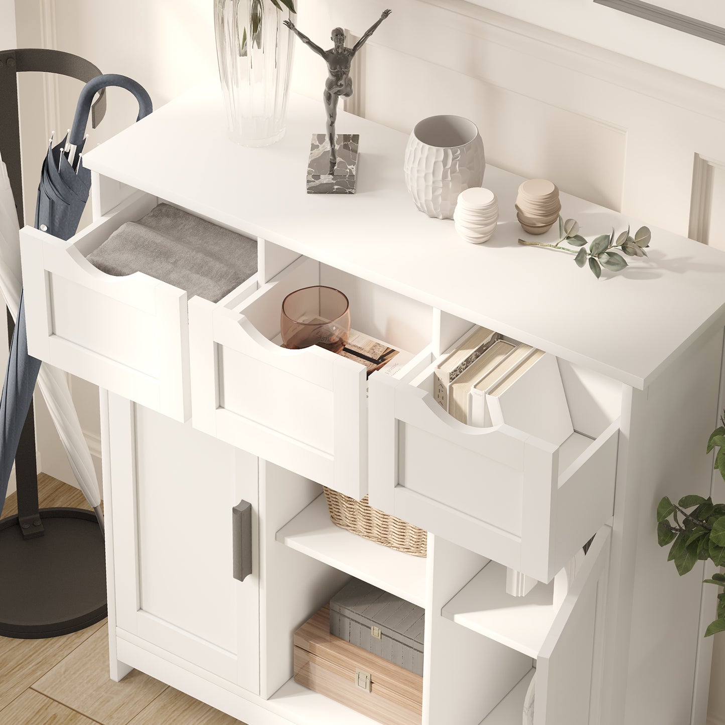 White Accent Cabinet – With Drawers & Doors for Home Storage & Decor