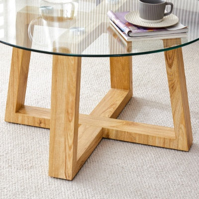 Modern Circular Coffee Table with Glass Top & Wood MDF Base
